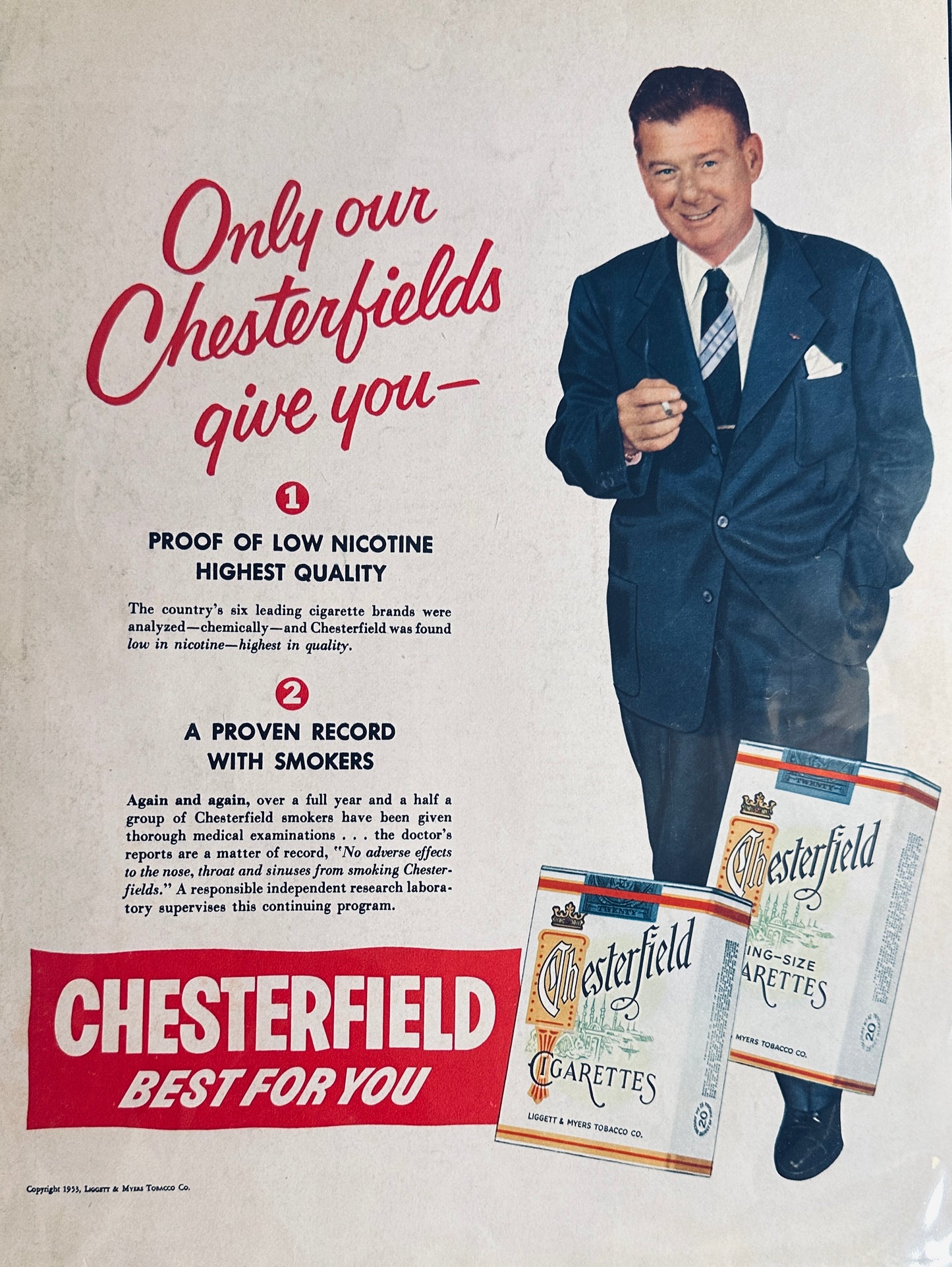 1953 Chesterfield Cigarette Magazine Ad- Businessman in Blue Suit