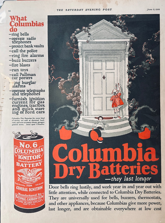1922 Columbia Dry Batteries & Johnston's Chocolates Magazine Ads