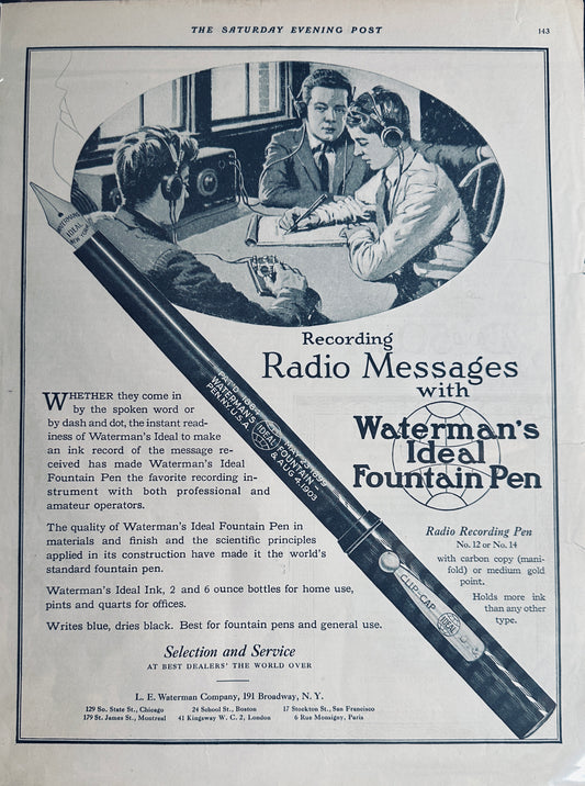 1922 Waterman's Ideal Fountain Pen - Radio Recording Pen - Magazine Ad
