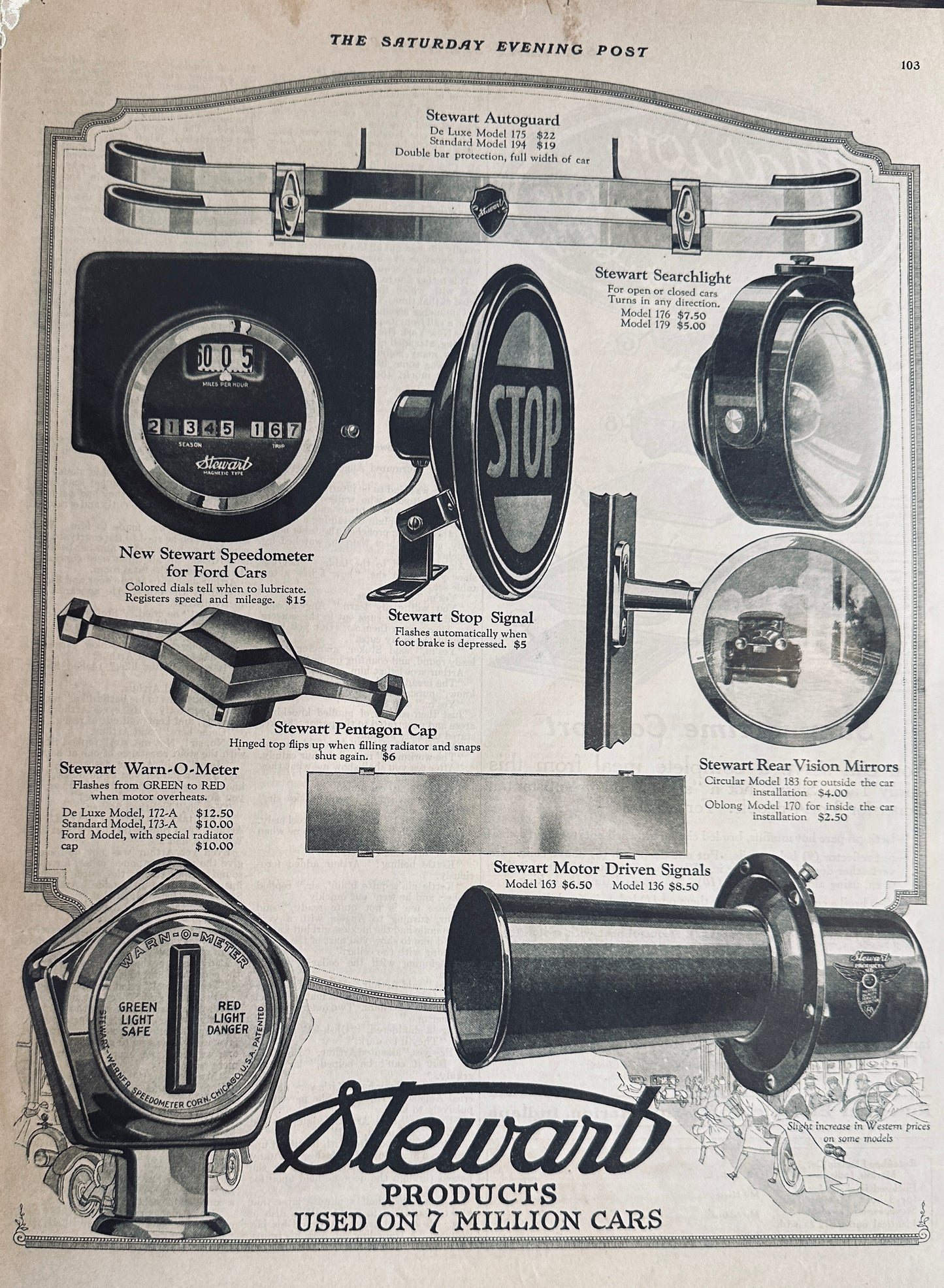 1922 Stewart Auto Parts 2-Page Magazine Ad Mirrors, Horn, Lights & More