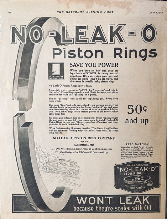 1922 No-Leak Piston Rings & Badger Cord Tires - Wisconsin Business - Magazine Ad #428
