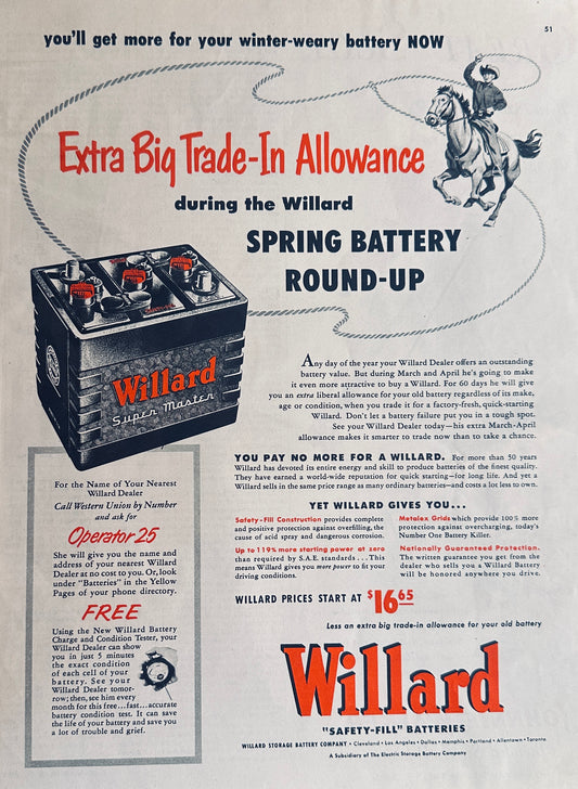 1953 Willard Safety Fill Car Battery & Johnnie Walker Whiskey Magazine Ad