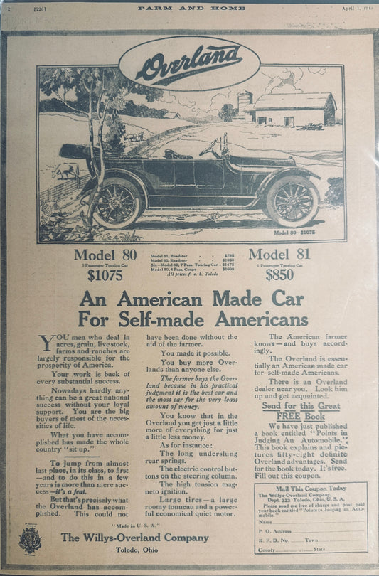 1915 Overland Model 80 5 passenger Touring Car Magazine Ad