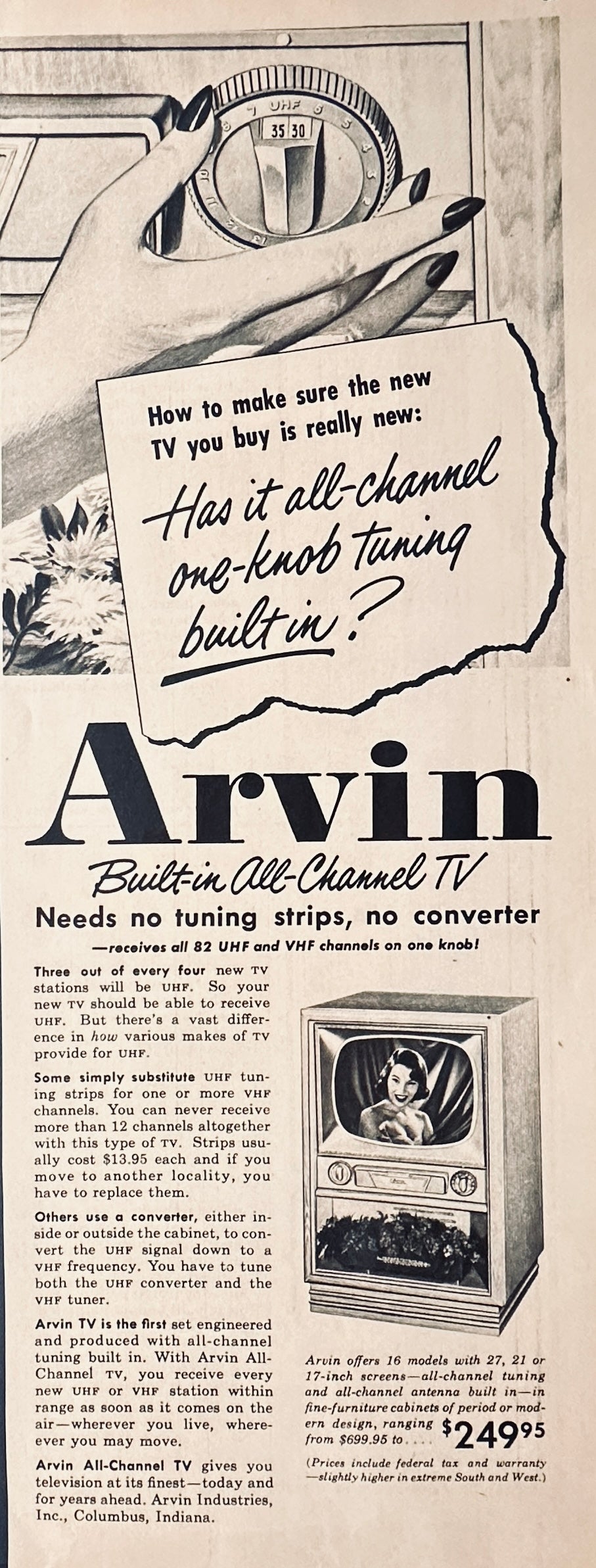 1953 Arvin All-Channel TV - 16 models available - Magazine Ad