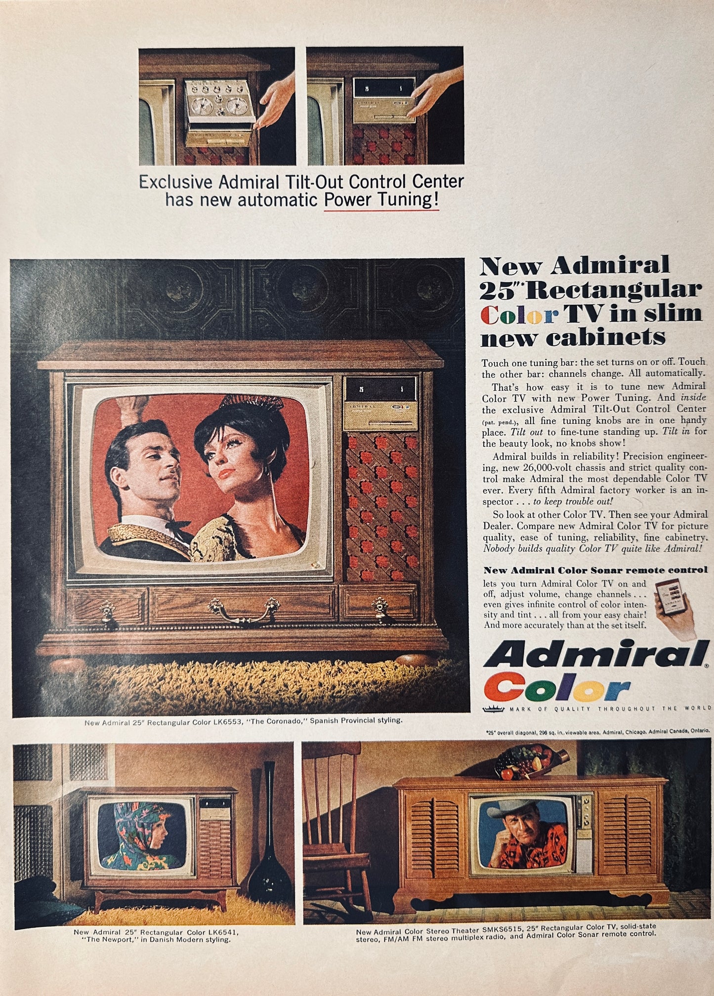 1966 Admiral Color TV - Floor Model with Tilt-Out Control Panel Ad