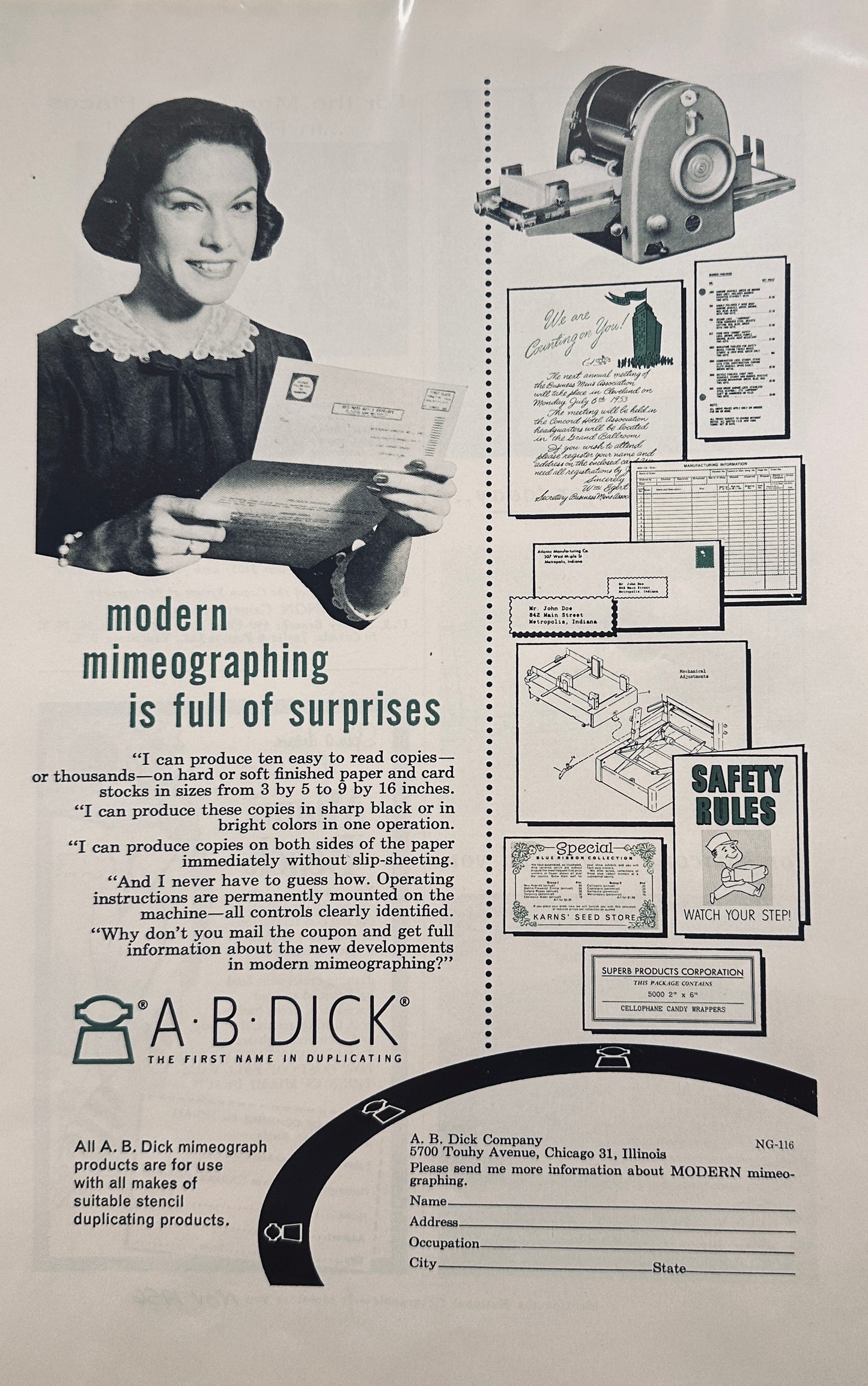 1956 A.B. Dick Mimeograph Machine Magazine Advertisement