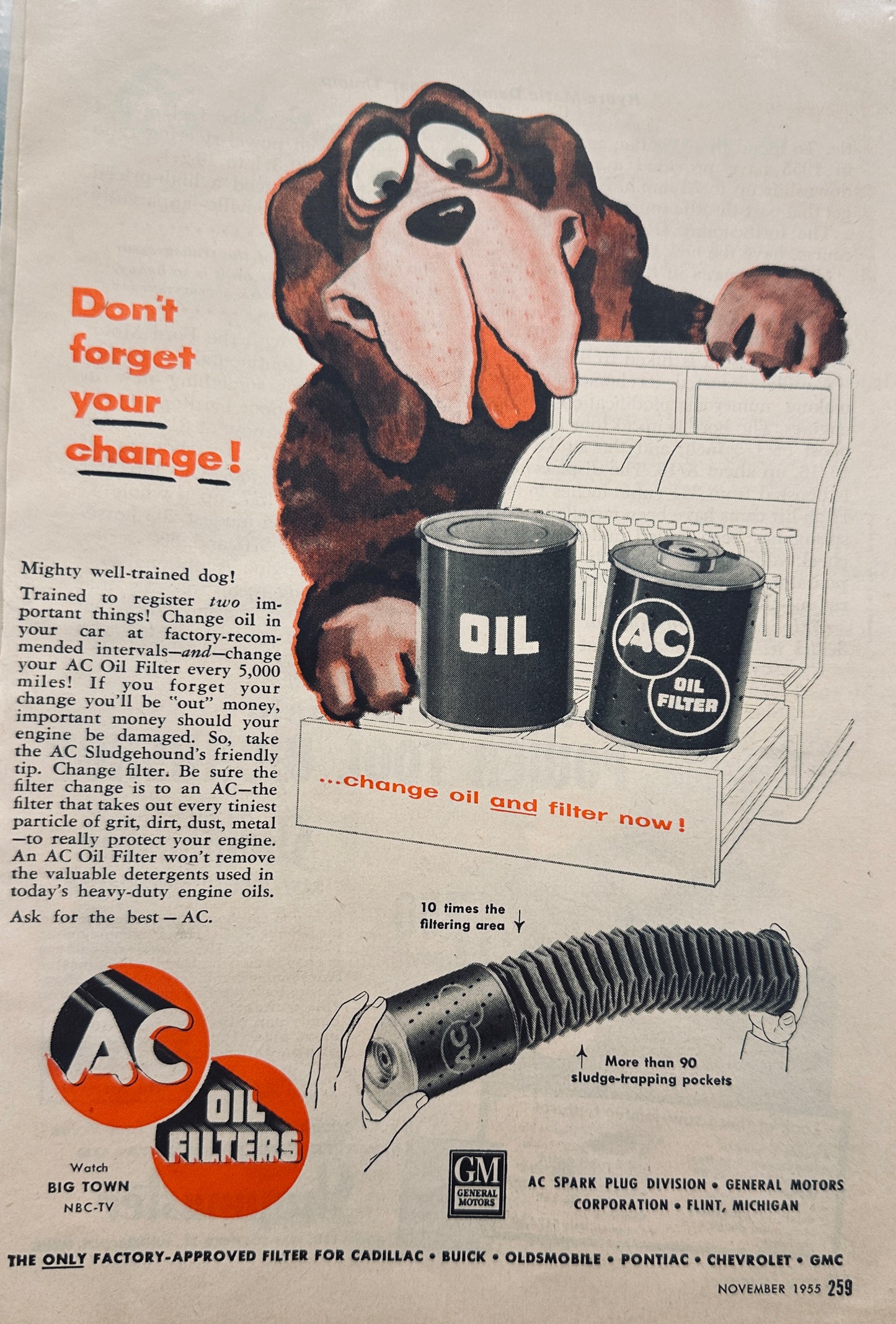 1955 AC Oil Filter - St Bernard Mascot - Time to Change Filters - Ad