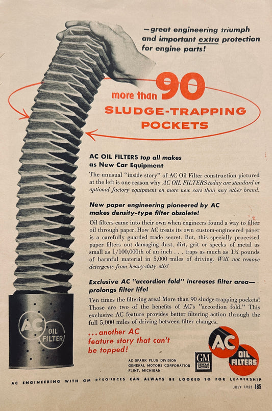 1955 AC Oil Filters - Sludge Trapping Pockets - Magazine Ad