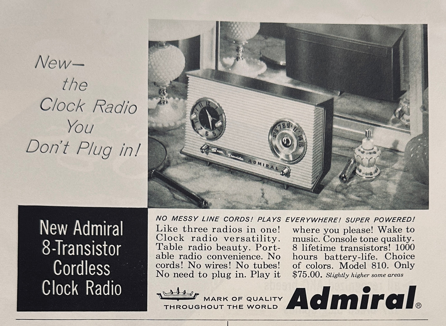 1958 Admiral Transistor Clock Radio Magazine Ad