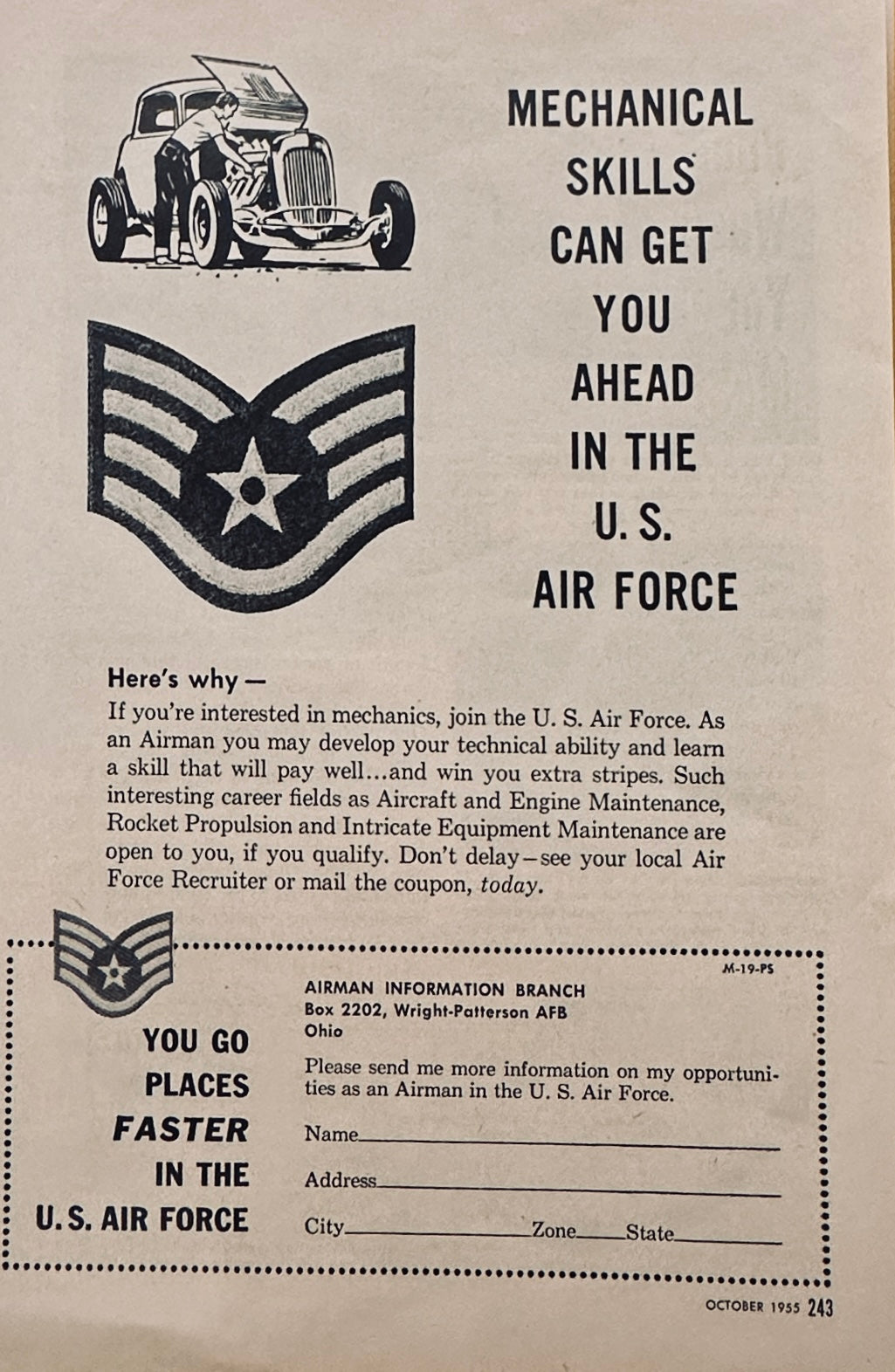 1955 US Air Force Recruitment Ad - Mechanical Skills Can Get You Ahead