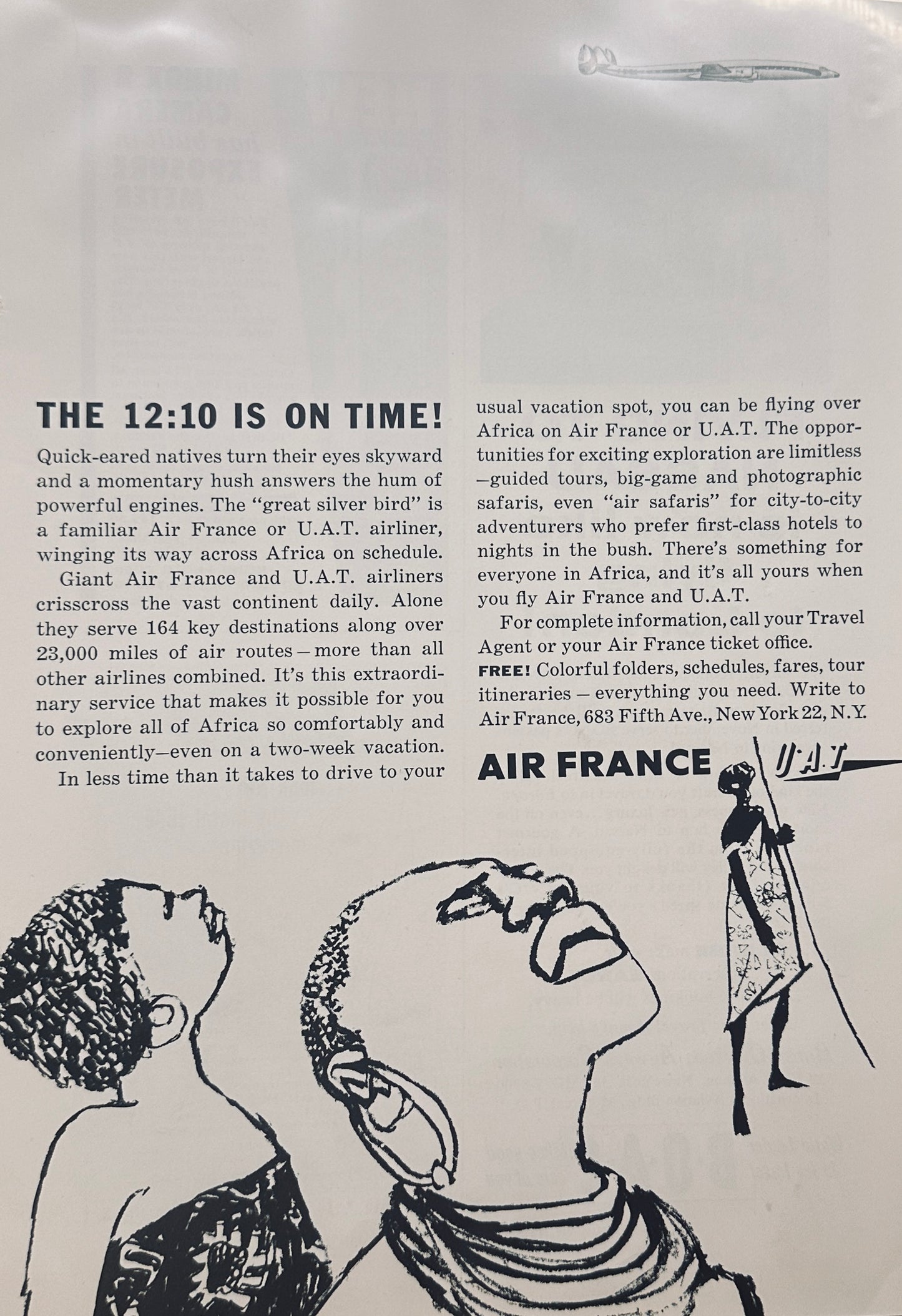 1958 Air France - Africa Flyover at 12:10 is On Time - Magazine Ad