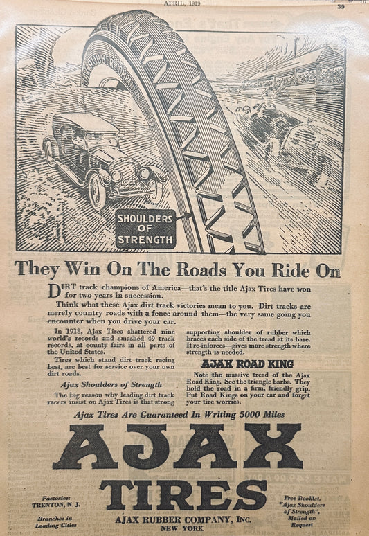 1919 AJAX Tires Magazine Ad Dirt Track Legends S35