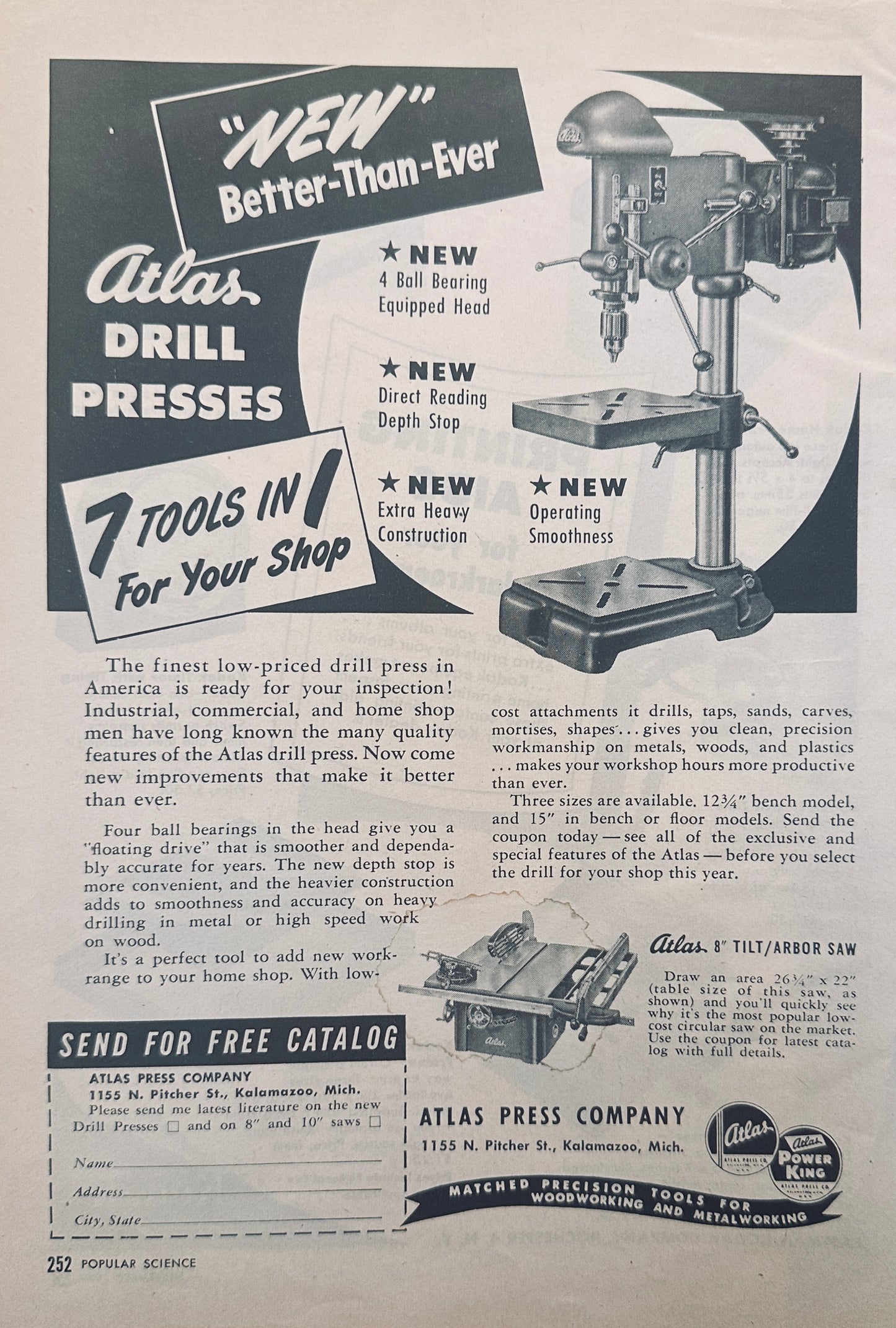 1949 Atlas Drill Press - Kalamazoo Michigan - Magazine Ad