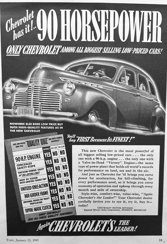 1941 Chevrolet - 90 Horsepower - Special DeLuxe Family Sedan - AD#A89