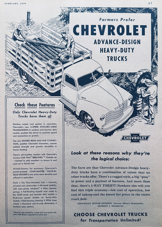 1949 Chevrolet Farm Truck Ad - Hauling Fence Posts - Magazine Ad