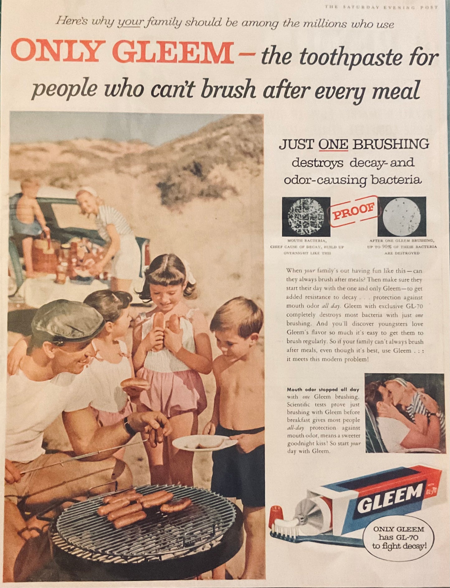 1957 Gleem Toothpaste Magazine Ad - Just One Brushing