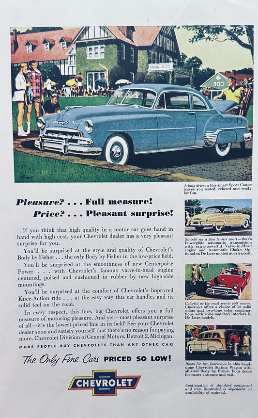 1952 Chevrolet Blue Sport Coupe Parked in front of School Magazine Ad