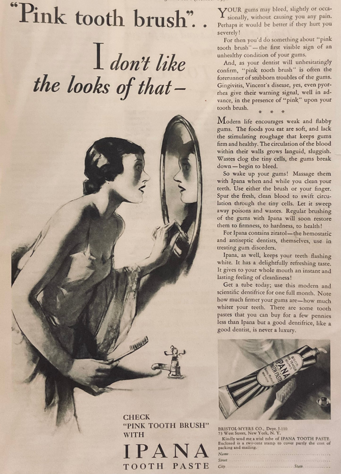 1930 Toothpaste - Ipana - Pink Tooth Brush - Magazine Ad