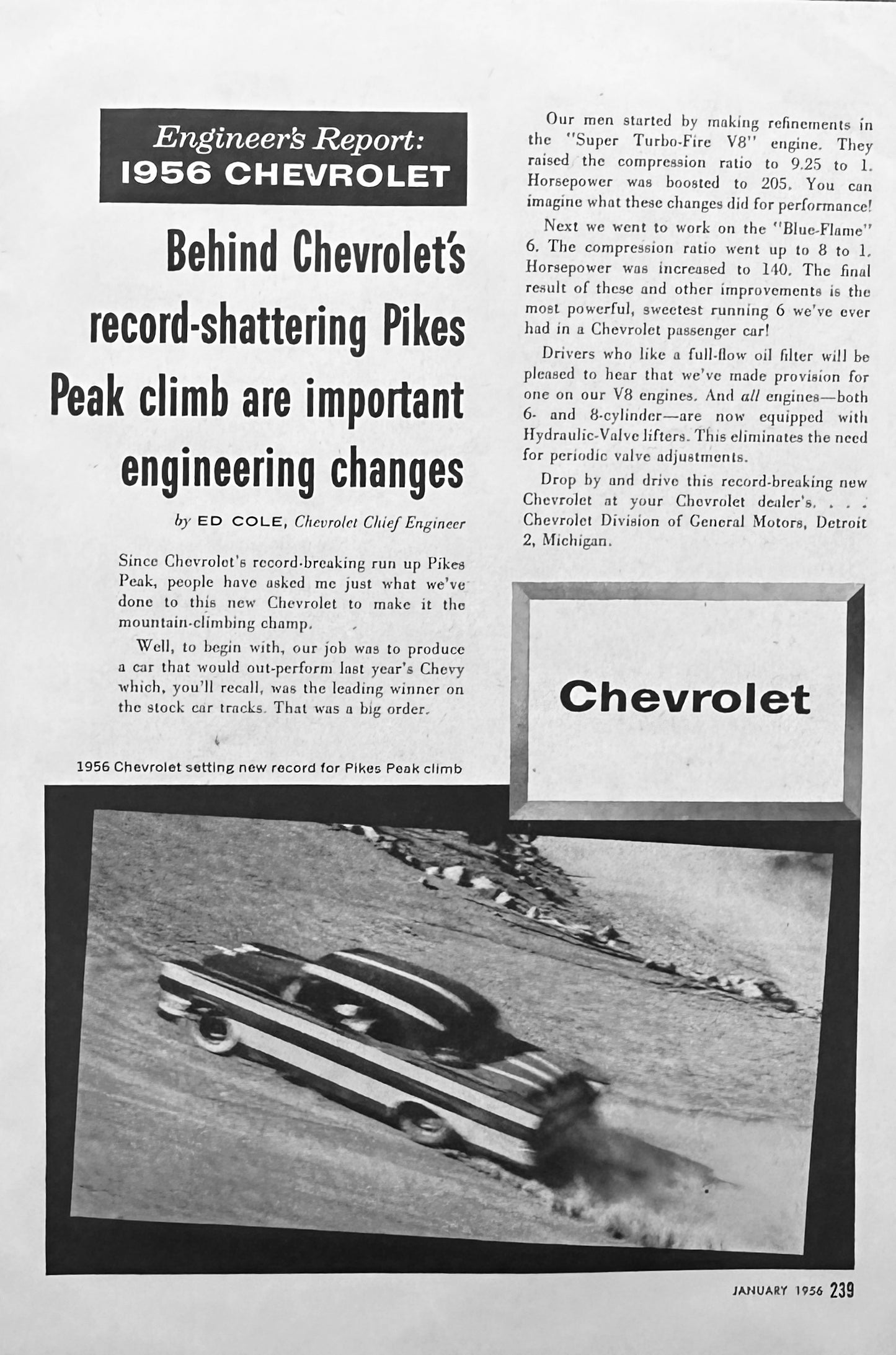 1956 Chevrolet Engineering Report Hill Climb Magazine Article