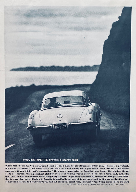 1960 Chevrolet Corvette Driving Away Down the Ocean Vew Road Advertisement