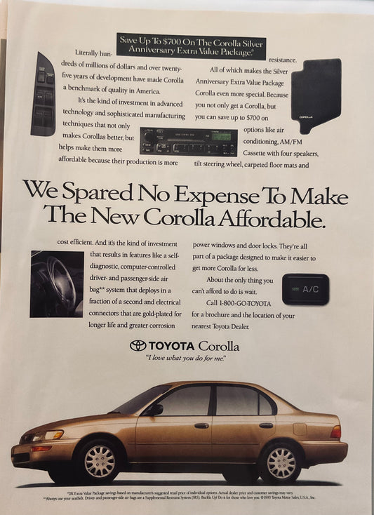 1993 Toyota Corolla - In Gold - Spared No Expense - Magazine Ad