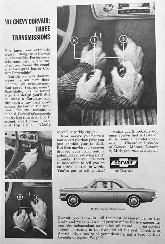 1961 Chevrolet Chevy Corvair  Shift Pattern Magazine Ad