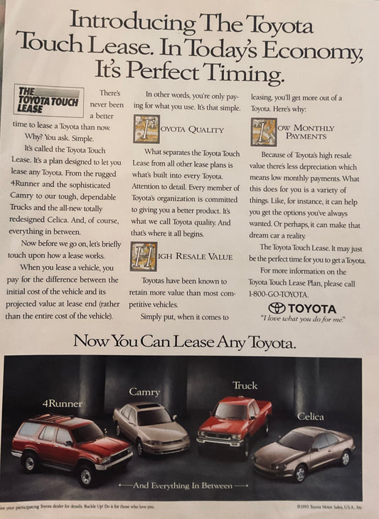 1993 Toyota Touch Lease Promotional Ad - Lease Any Model