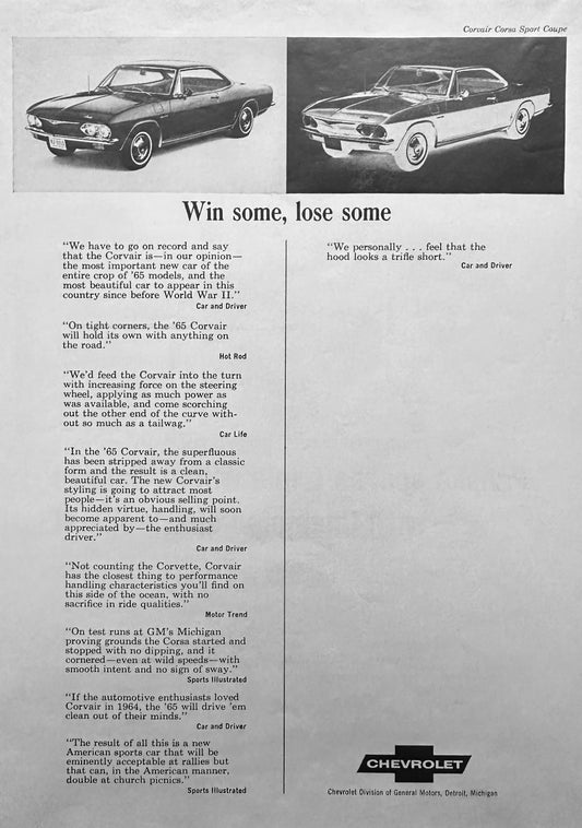 1965 Corvair Corsa Sport Coupe  & Champion Wins  3X Nassau Advertisement