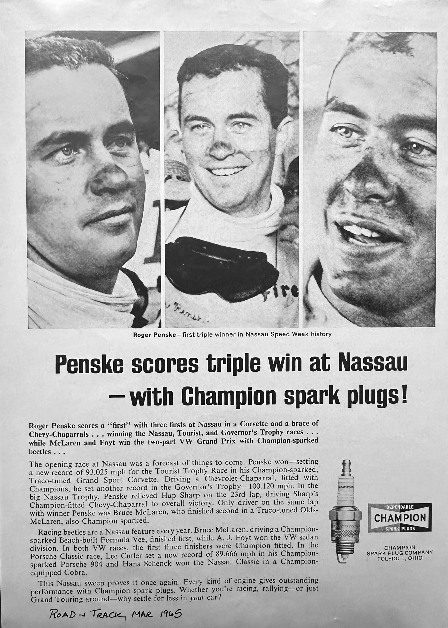 1965 Corvair Corsa Sport Coupe  & Champion Wins  3X Nassau Advertisement