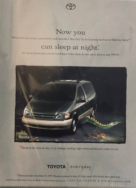 1998 Toyota Sienna Minivan - Now you can sleep at night - Magazine Ad