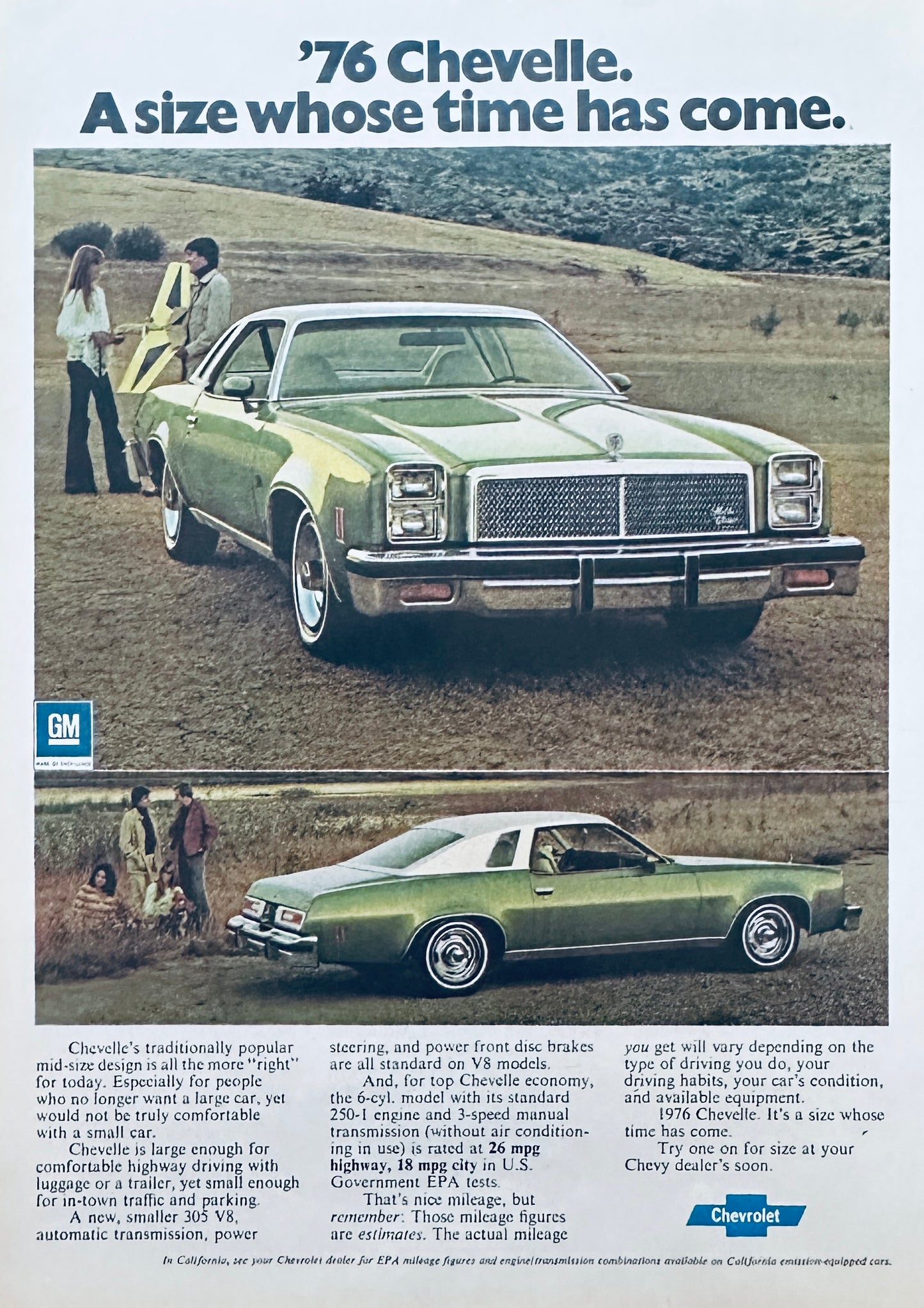 1976 Chevrolet Chevelle Green Car in open Pasture Magazine Ad