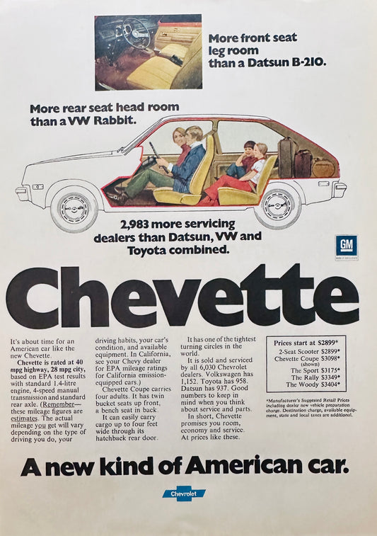 1976 Chevrolet Chevette A New Kind of American Car & Braniff Airlines Magazine Ad