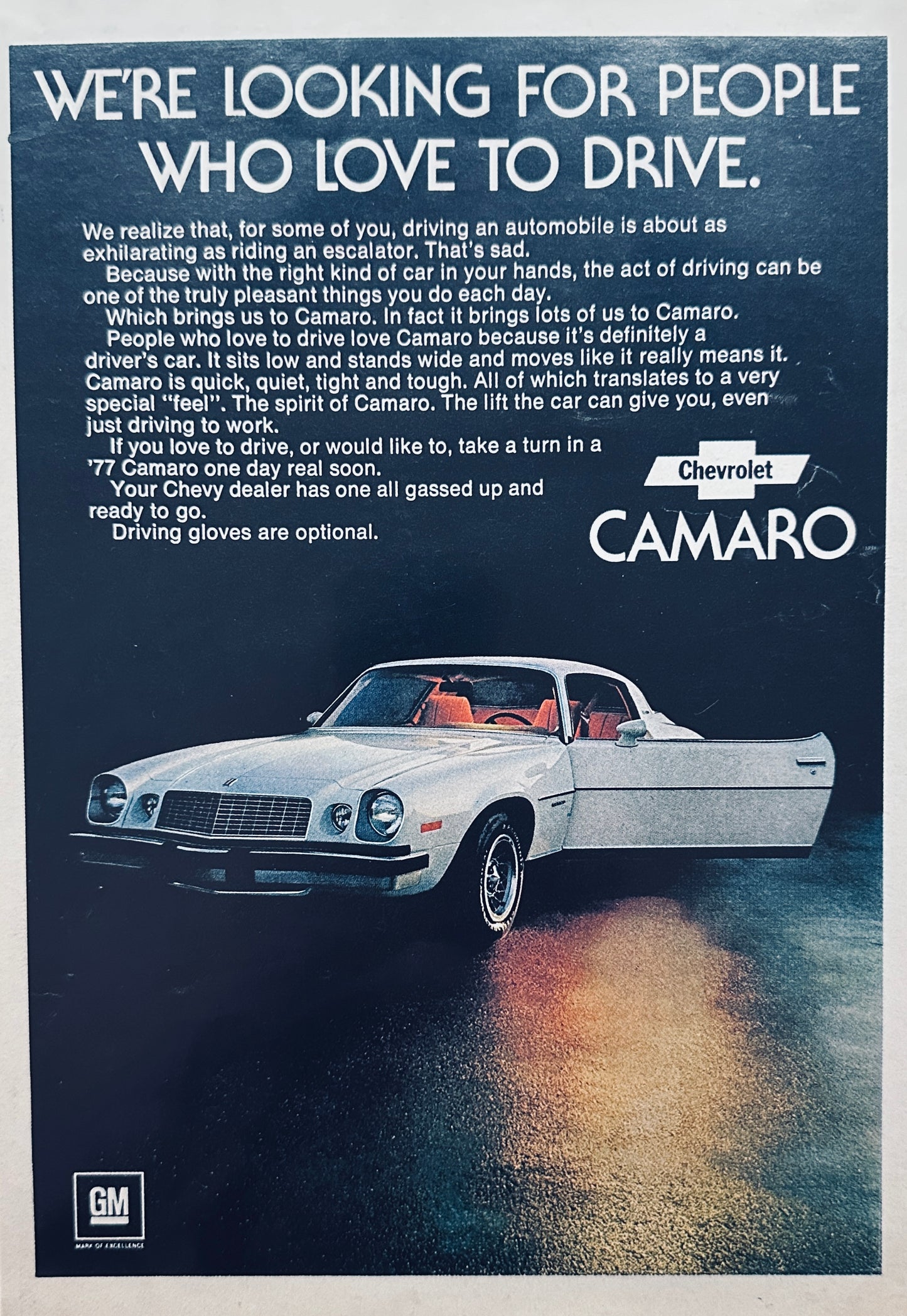 1977 White with Red Interior Chevrolet Camaro Magazine Ad