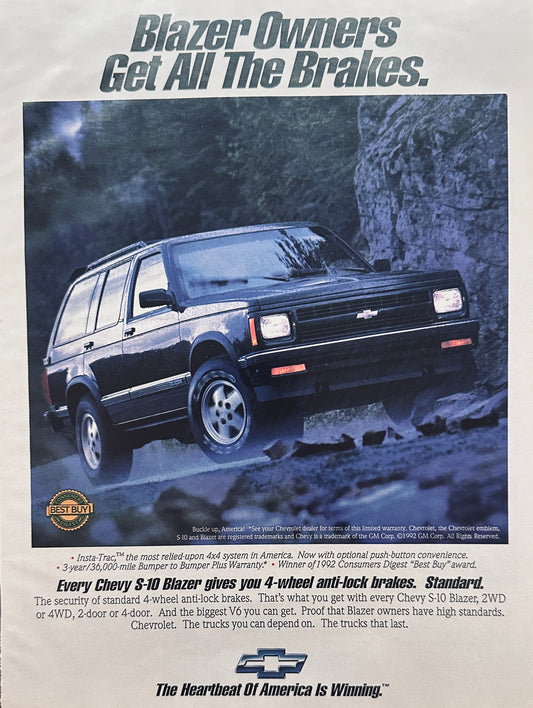 1992 Black Chevrolet S-10 Blazer Cliff Hugging Magazine Ad