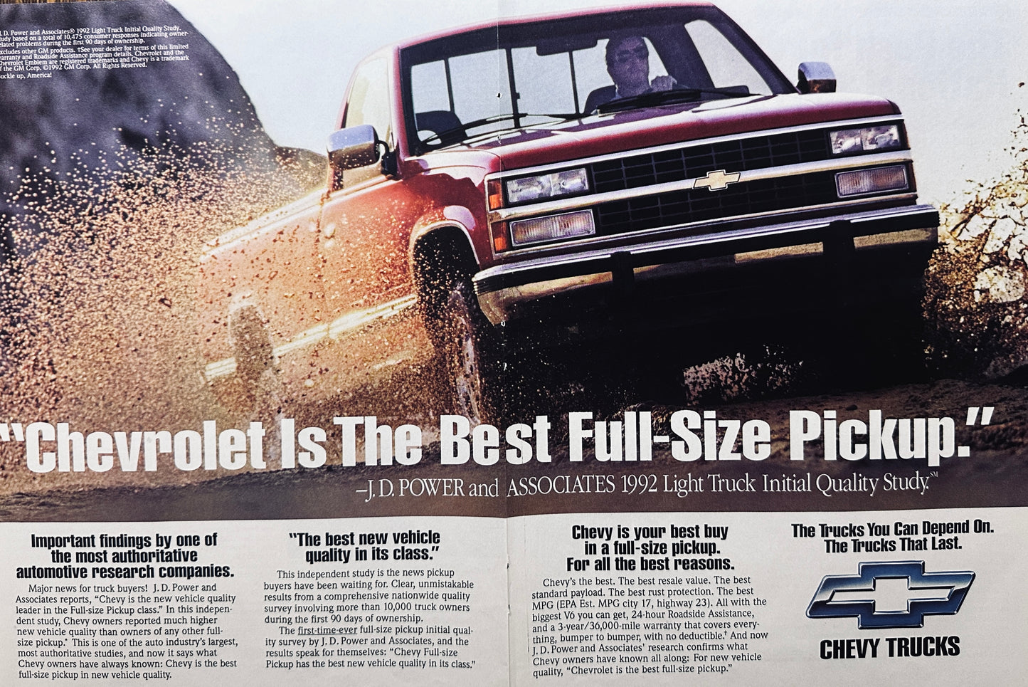 1992 Chevrolet Full Size Light Pickup Truck Centerfold Magazine Ad