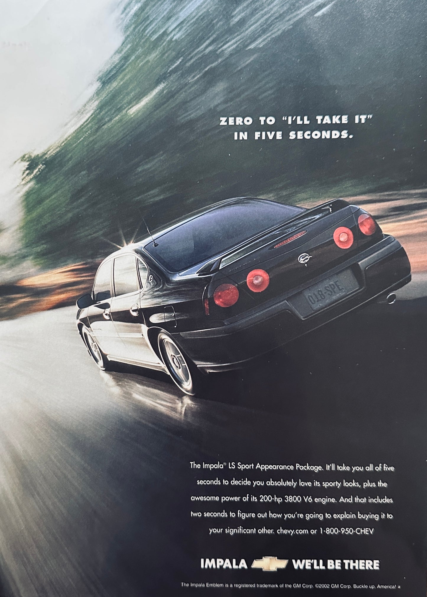 2002 Chevrolet Impala zooming down the Road - Magazine Ad