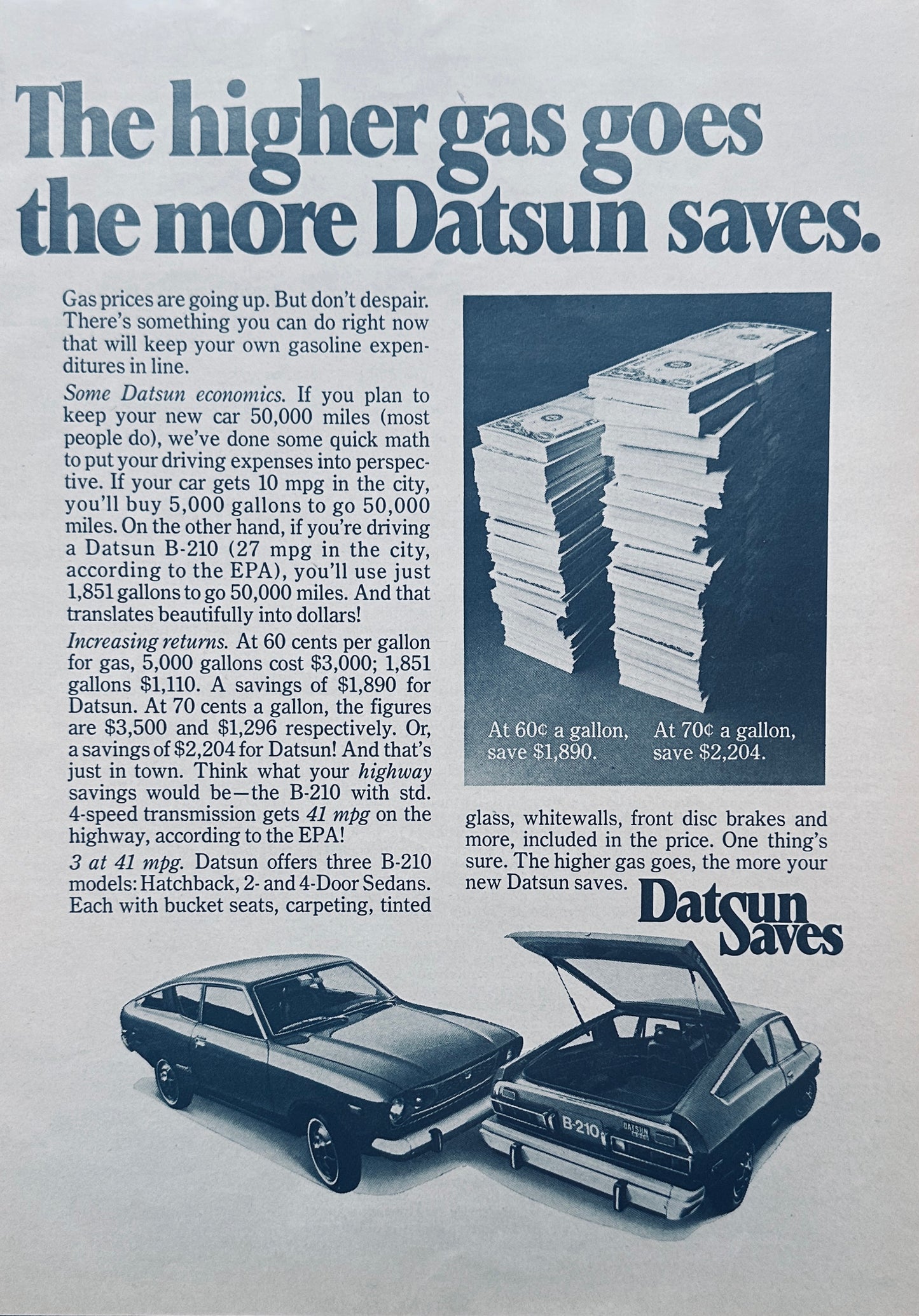 1975 Datsun B-210 The Higher Gas Goes the More You Save - Ad