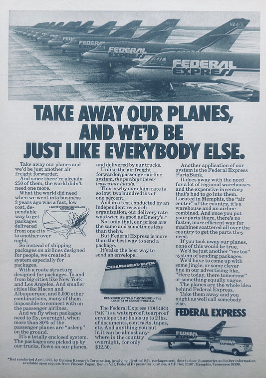 1975 FedEx Planes Lined up on Tarmac - Magazine Ad