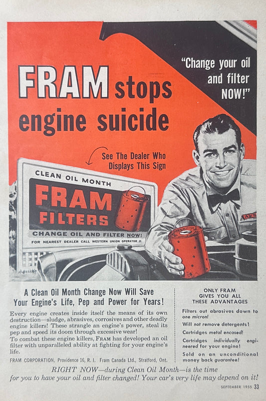 1955 Fram Oil Filters Stop Engine Suicide - Magazine Ad