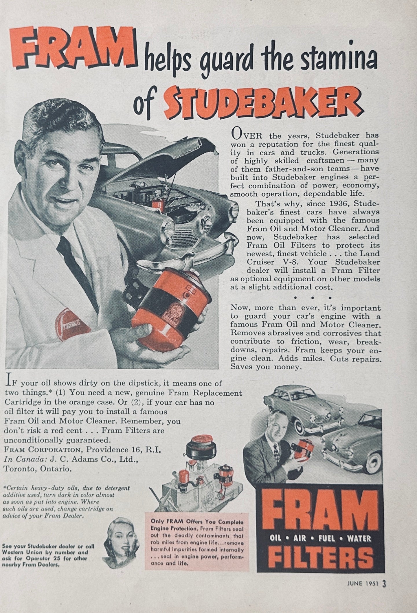 1951 Fram and Studebaker since 1936 -Oil Filters Magazine Ad