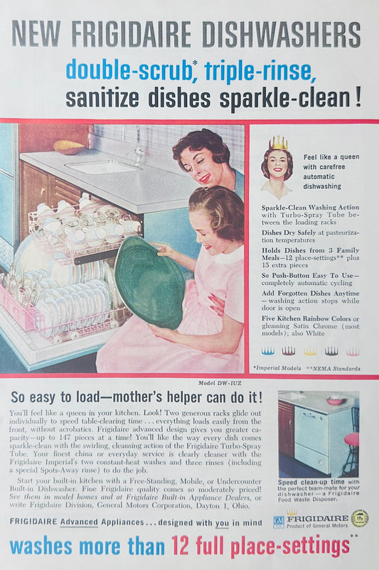 1959 Frigidaire Dishwasher Holds 12 Full Place Settings!  Magazine Ad