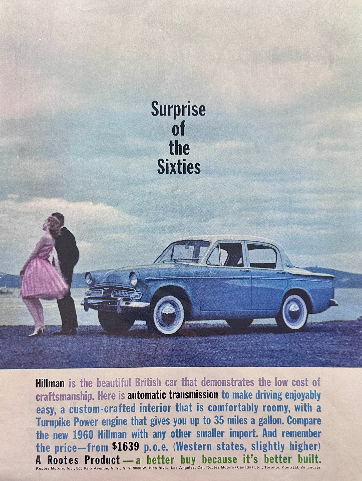 1966 two-Tone Blue-White British-made Hillman & Old Kentucky tavern Whiskey Ads