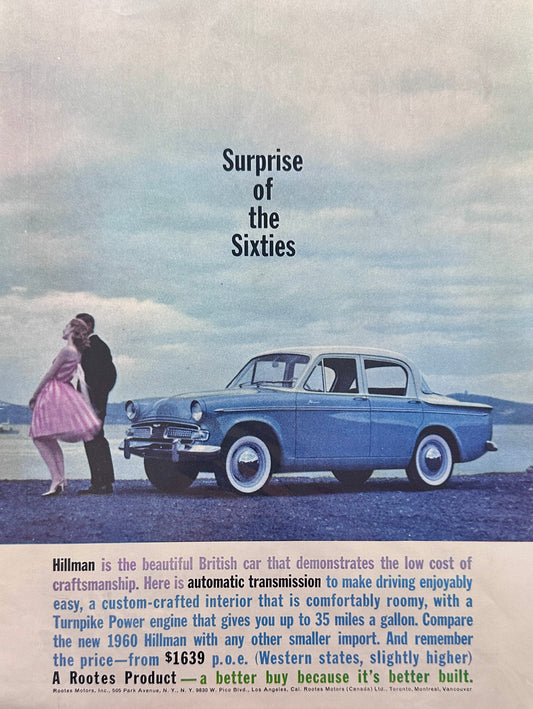 1966 two-Tone Blue-White British-made Hillman & Old Kentucky tavern Whiskey Ads