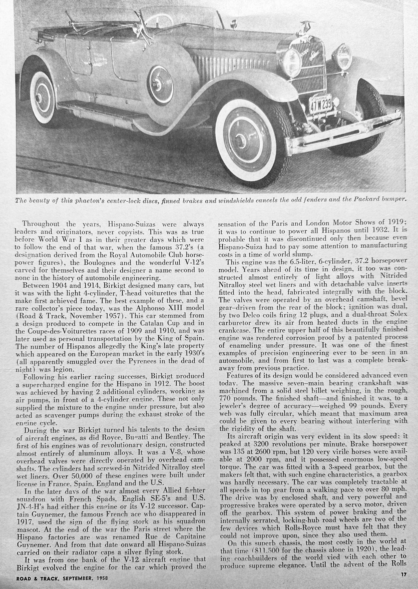 1958 Feature Magazine Article 1924 Hispano-Suiza Salon