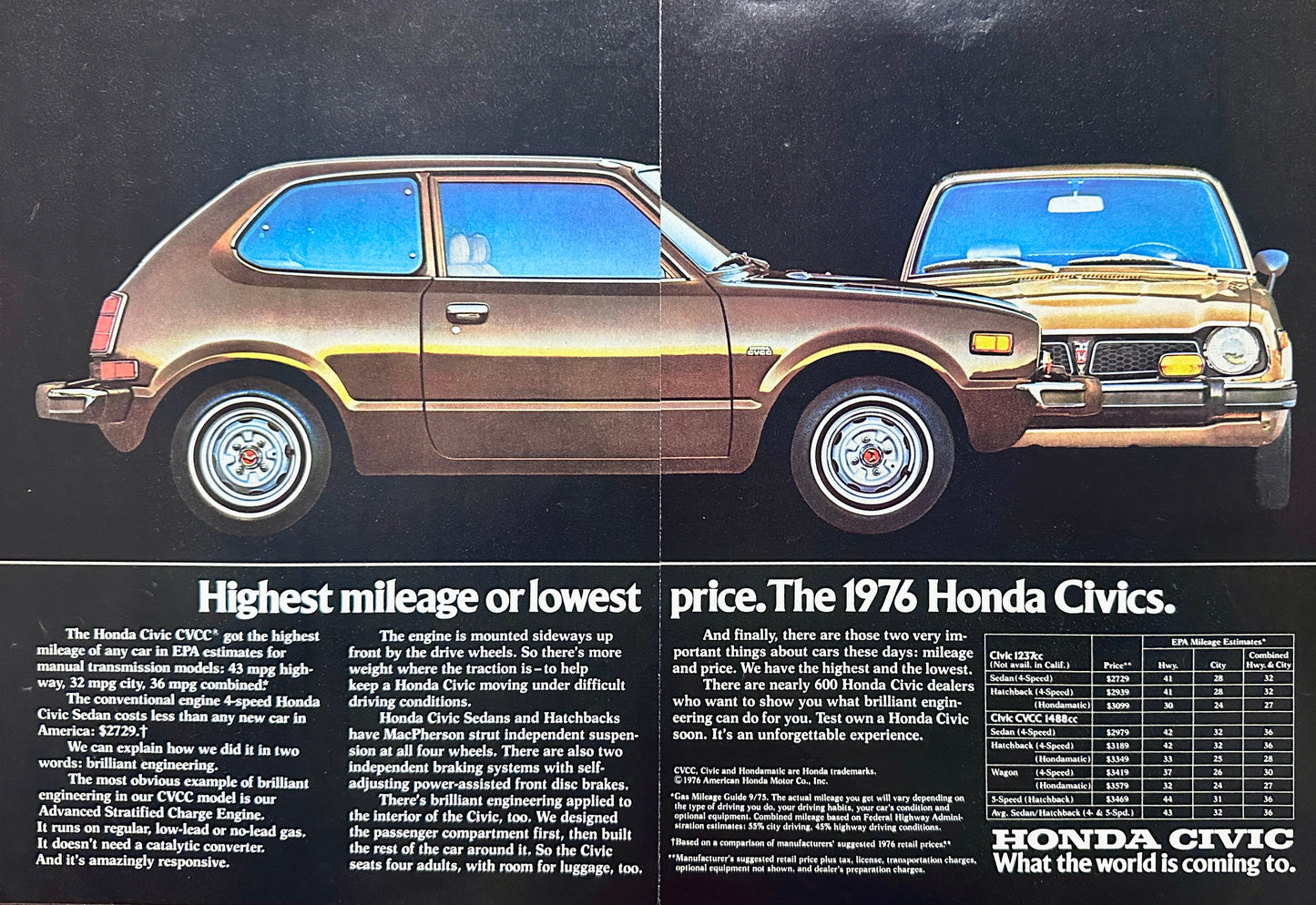 1976 2- Page & Centerfold Honda Civic Magazine Ad