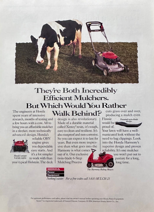 1994 Honda Mulching Lawn Mower + Holstein Cow - Magazine ad