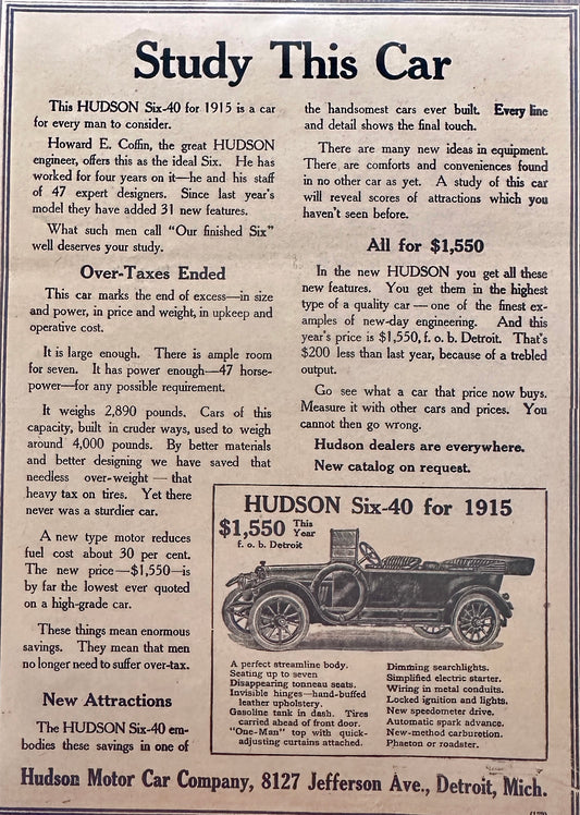 1915 Lot of (5) Unique Hudson Automobile Ads + (1) Maxwell Ad #A151-1-2-3-4-5