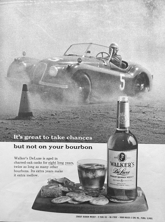 1959 Walker's Bourbon Ad featuring Jaguar Racer XK120? Magazine Ad