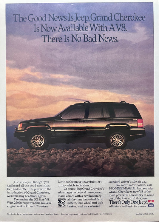 1993 Jeep Grand Cherokee No Bad News Magazine Ad