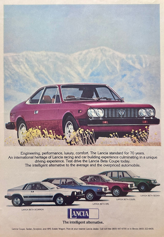 1976 Lancia Beta Coupe Magazine Ad Snow Covered Mountains in Background